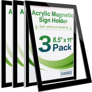 8.5" x 11" Acrylic Sign Holder Wall Mount, Self Adhesive Magnetic Display Frame with Nano Tape and Strong Magnetic Frames for Wall, Door, Glass, Home, Store, Office (Black, 3Pack)