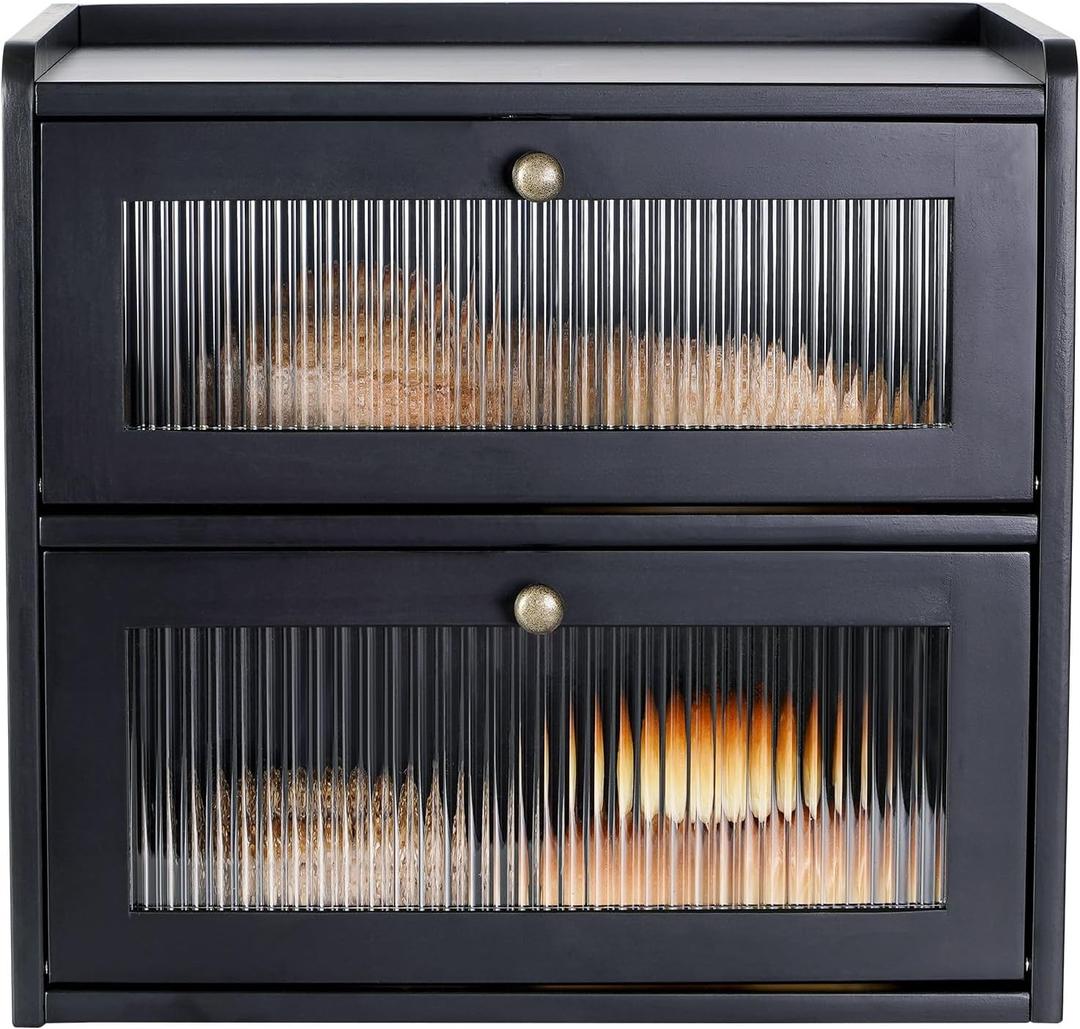 Bread Box for Kitchen Countertop Wooden Bread Storage Container Bin 2 Layer Breadbox Holder Large Capacity Keeper Vintage Farmhouse Food Organizer Pantry Shelf Acrylic Window（Black）