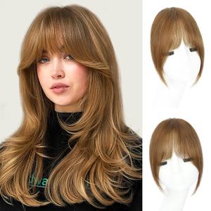 Clip in Bangs, 100% Real Human Hair Fake Clip on Bangs Hairpieces for Women French Bangs Light Brown Fringe with Temples Curved Curtain Bangs for Daily Wear