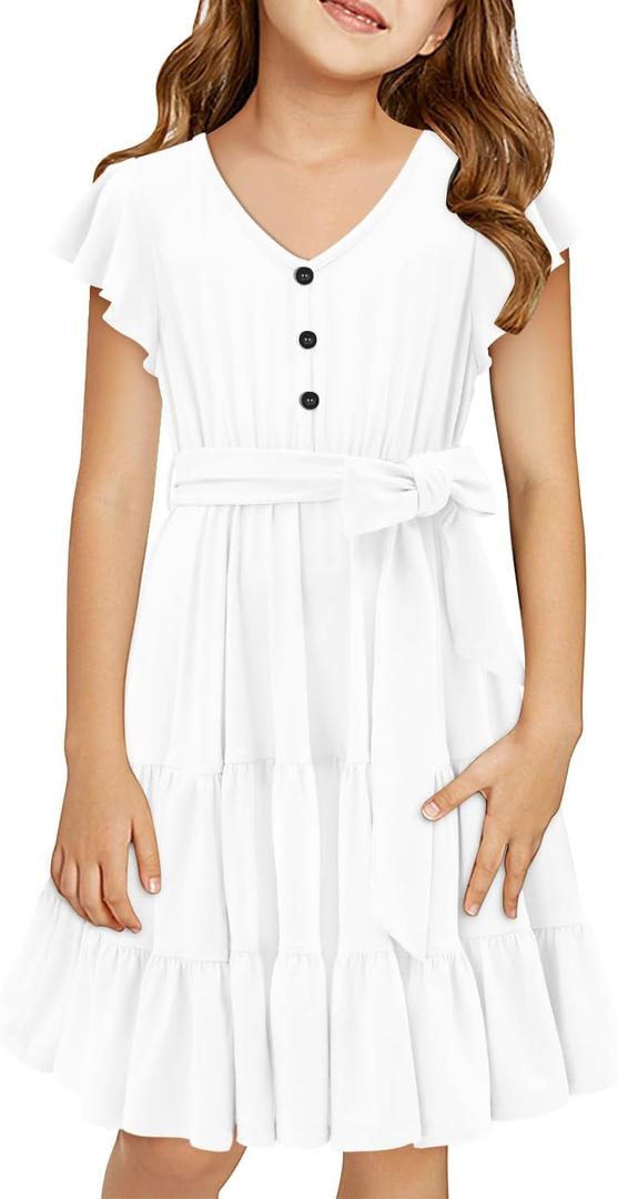 storeofbaby Girls Short Sleeve Dress V Neck Button Ruffle Hem Dresses with Belt (White)