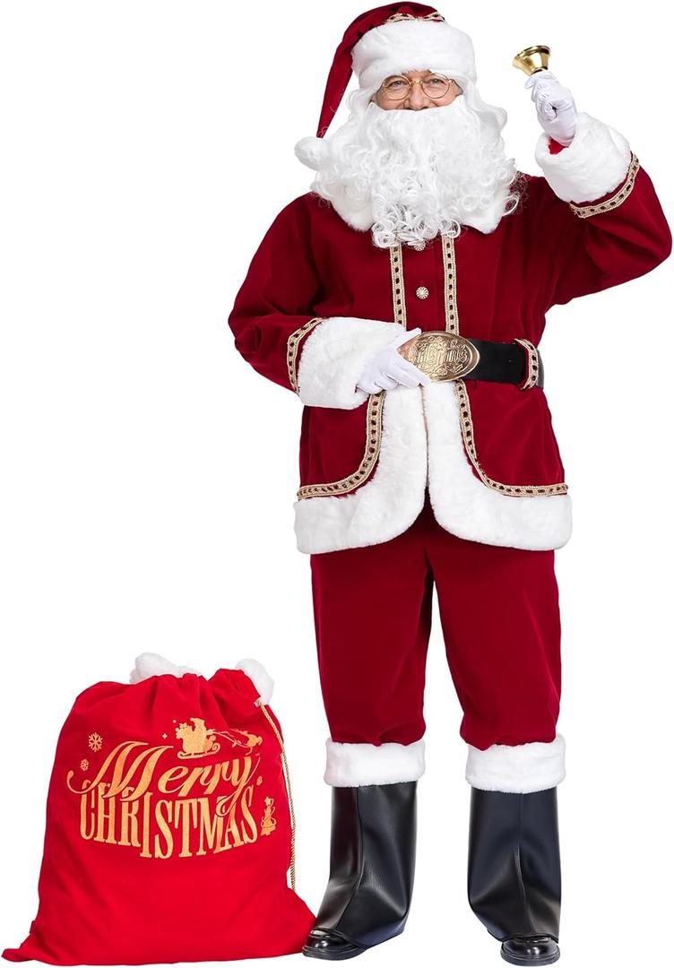 ABALAGU Santa Claus Costume for Men Deluxe 11pcs Adult Professional Santa Suit Christmas Santa Costume Set (Medium)