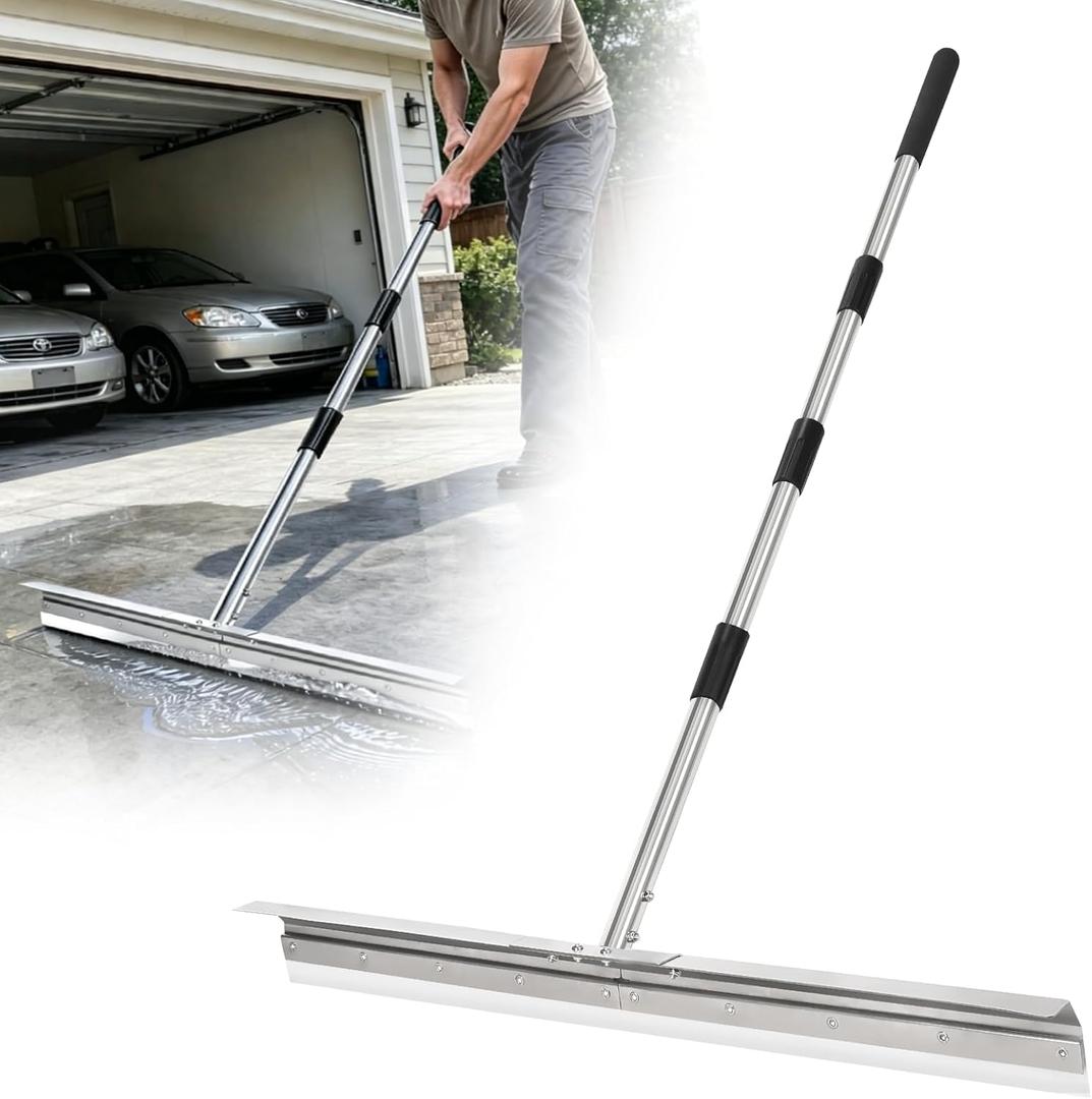 Heavy-Duty Large Floor Squeegee for Concrete, 33.4" Commercial Silicone Blade Squeegee for Floor with 63" Stainless Handle, Anti-Splash Curved Baffle for Garage, Factory, and Tough Cleaning Jobs