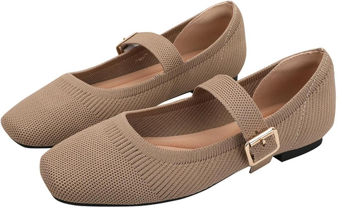 Mary Jane Shoes Women Ballet Flats with Arch Support, Flats for Women Square Toe Comfortable Knit Flats with Ankle Strap, Washable Casual Office Shoes (5, Khaki)