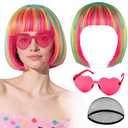 PLULON Pink Blue Yellow Bob Wig with Heart Sunglasses Hair Cap, Colorful Short Bob Wigs Synthetic Party Wigs Funny Cosplay Hairpieces for Women Neon Bachelorette Halloween Costume Party Decorations