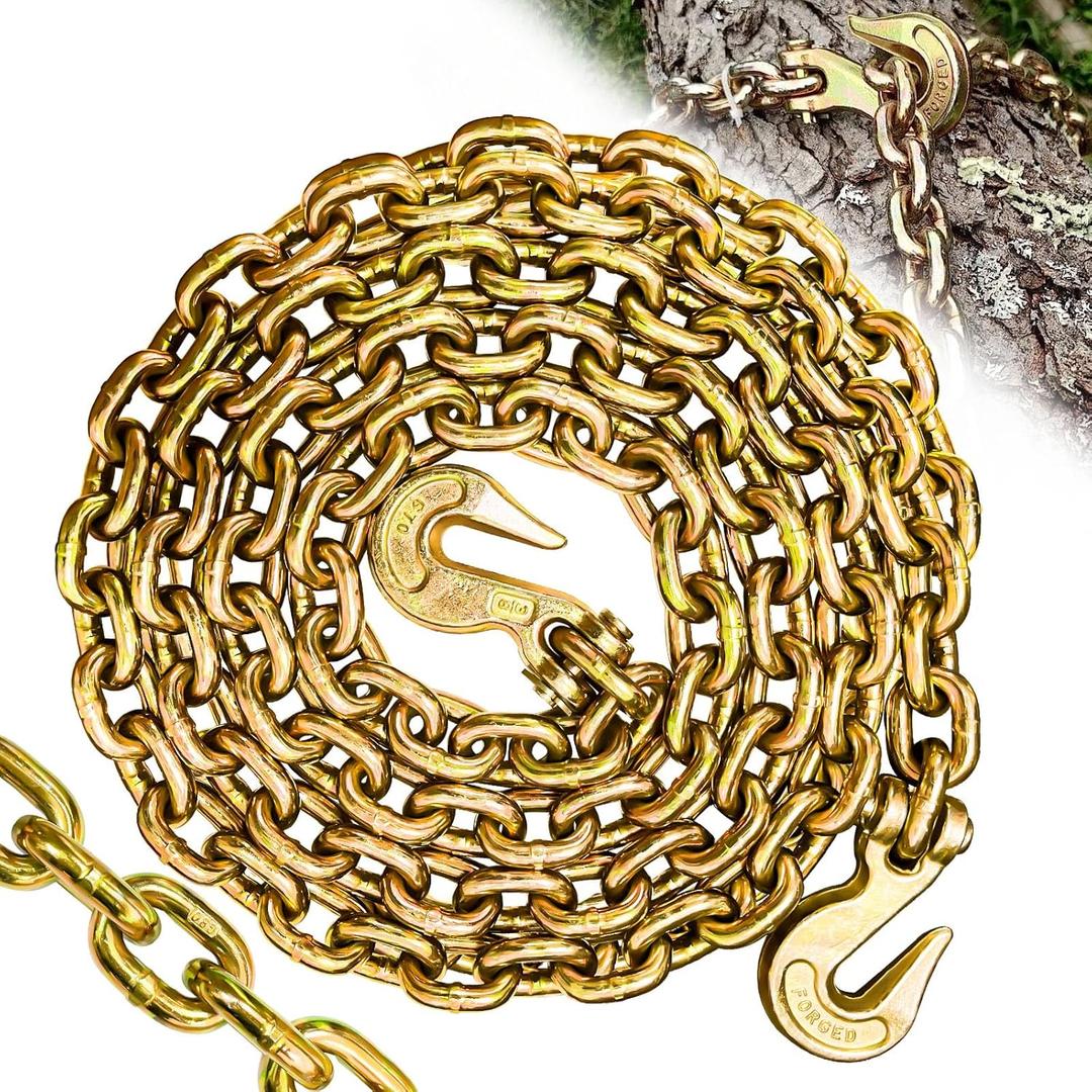 G80 Transport Binder Chain 3/8 Inch15 Foot Log Chain with Safety Grab Hooks Heavy Duty Chain with 7100 Lbs Safe Working Load Secure Tow Tie Down Truck Equipment for Gooseneck Couplers
