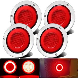 4pcs 4 inch Round LED Trailer Trucks Halo Brake Stop Running Turn Signal Tail Lights Red 64 LEDs w/Stainless Bezels Flange Mount Sealed Waterproof IP67 For RV/Van, DC 12V