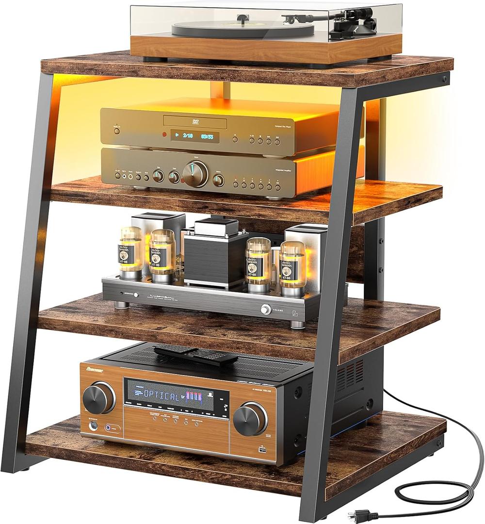 Armocity 4-Tier AV Media Stand with Power Strips, Stereo Stand with LED Lights, Audio Tower Rack with Adjustable Shelves, Small Entertainment Center, 30'', Rustic Brown