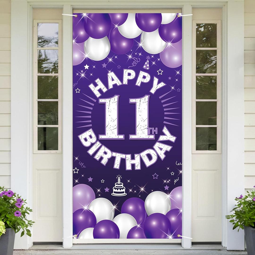 Happy 11th Birthday Decorations for Girls, Purple Fabric Banner Backdrop for 11 Year Old Birthday Party, Yard Sign Style Door Decor, Photo Backdrop for Indoor or Outdoor Use PHXEY