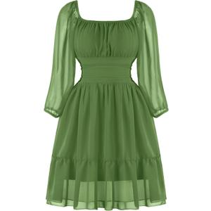 PUKAVT Women's Summer Dresses 2026 Square Neck Tie Back 3/4 Lantern Sleeve Vintage Chiffon Short Dress (XS)