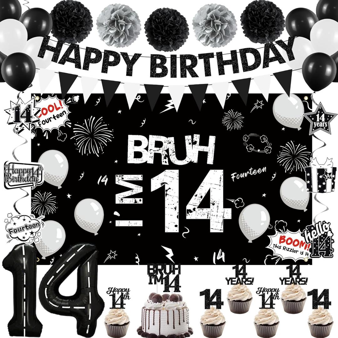 Holkcog Black 14th Birthday Decorations, Happy 14th Birthday Party Decorations Supplies for Boy Girl, Bro I'm 14, Funny 14th Party Supply, Black Glitter Banner, Background, 14 Number Ballons, Fourteen