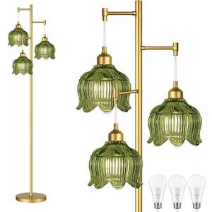 QIYIZM Gold Floor Lamp for Living Room,Bedroom,Mid Century Modern Standing Lamp Brass Tree 3 Light Tall Floor Lamps Vintage Retro Floor Lights Glass Green Flower Lamp Shade Farmhouse Boho Bohemian