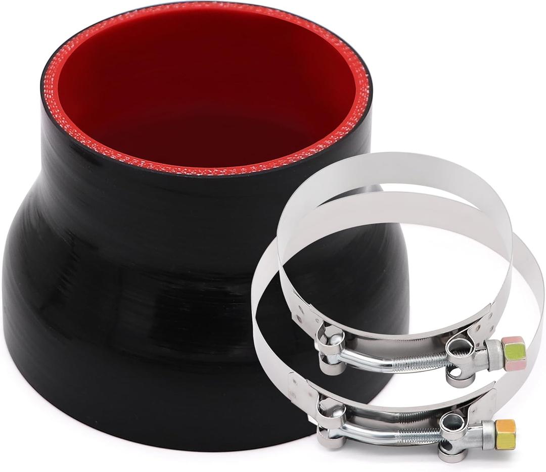 ID 3-1/2 to 4-1/2 inches Straight Black Silicone Reducer Coupler with 2 T-Bolt Clamps 4 Layers of Polyester Reinforcement Suitable High Level Turbo Pipe
