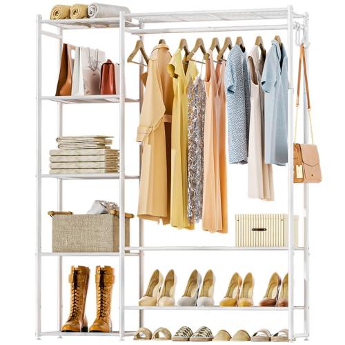 Neprock Clothing Racks for Hanging Clothes with Shelves, Portable Closet System Organizer Garment Rack for Clothes Storage, Metal Free Standing Wardrobe Clothes Organizer(White)