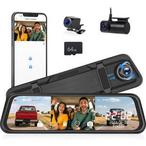 3 Channel 9.66'' WiFi Mirror Dash Cam with Front and Rear Camera IPS Touch Screen,Triple Rear View Mirror Camera with App Recording,64GB TF Card,Loop Recording,Night Vision, G-Sensor Parking Monitor