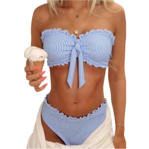 Floerns Women's 2 Piece Striped Bikini Sets Tie Front Bandeau Swimsuit Frill Trim Bathing Suit, Small