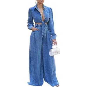 Voghtic Women's Sexy Denim 2 Pieces Outfits Fall Long Sleeve v Neck Crop Lace-Up Shirt Wide Leg Pants Matching Sets, Small