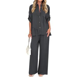 KIRUNDO Two Piece Sets for Women Summer Outfits 2025 Dressy Casual Half Sleeve Button Down Shirt Wide Leg Pants Lounge Set(Dark Grey, Medium)