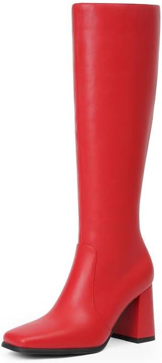 Modatope Knee High Boots Women Chunky Heel Square Toe Heeled Tall Boot for Women Fashion Side Zipper Long Boot (8)
