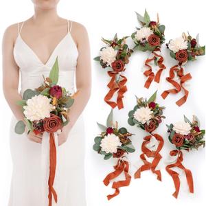 Ling's Moment Artificial Flowers Terracotta Bridesmaid Bouquet Set of 6, Fall Wedding Flowers Bouquets for Bridesmaids, 7 Inch Bridal Bouquets for Bridesmaids, Wedding Decor, Anniversary, etc (Or-burnt Orange)