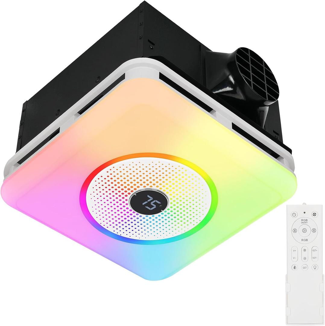 Bathroom Exhaust Fan with Bluetooth Speaker & LED Light, 230 CFM 0.1 Sone Ultra-Quiet, 7-Color RGB & 3CCT Adjustable, Music Sync, Humidity Sensor, Remote Control, Easy Install