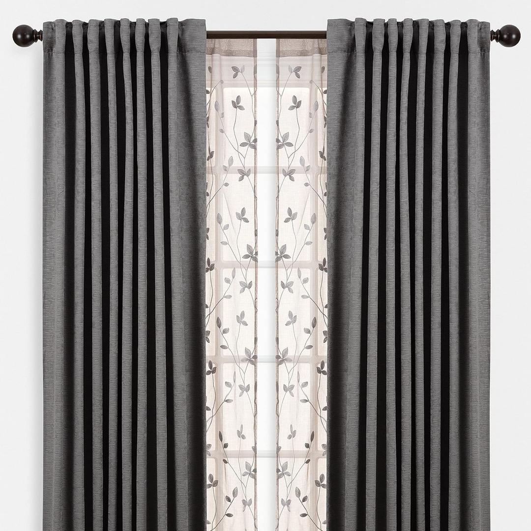Chanasya Embossed Dark Gray Curtain and Sheer Taupe Embroidered Vines Combo - 4-Piece Panel Curtain Set - Rod Pocket - Window Treatment Partial Room Darkening Drapes - 52 x 96 Inches