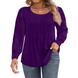 Ficerd Women's Plus Size Puff Long Sleeve Tops Pleated Crew Neck Tunic Shirts Dressy Loose Blouses T-Shirts 1X-5X (Purple, XXL)