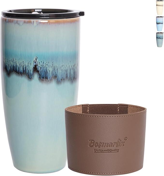 Bosmarlin Ceramic Travel Coffee Cup with Lid, 21 oz, Portable Coffee Mug for Car Cup Holder, Microwave Safe, Reactive Glaze (Forest Green)