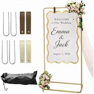 Wedding Welcome Sign Stand, Adjustable Metal Wedding Sign Holder with 2 Leather Straps, 4 Ground Stakes & Carry Bag, Sturdy Powder-Coated Steel Display Stand for Wedding Signs & Seating Chart(Gold)