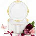 Nervure 100Pcs White and Gold Plastic Plates - 7.5inch Gold Disposable Plates - Heavyweight Plastic Dessert Plate for Wedding & Party & Mothers Day