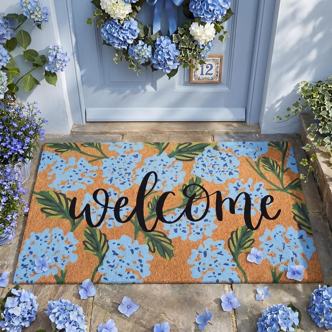 Jenaai Hydrangea Summer Doormat, 16 x 29 Inches, Floral Welcome Mat with Non-Slip Backing, Durable Coir Summer for Front Door, Entryway, Patio, and Porch Decor