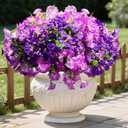 Artificial Fake Flowers for Outdoor Decor, 24 Bundles Silk Colorful Morning Glory with Eucalyptus UV Resistant Realistic Faux Flower for Planter Front Door Porch Yard Patio Balcony,Purple+Light purple