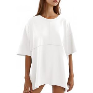 Tankaneo Womens Oversized Crewneck Shirts Short Sleeve Off The Shoulders Tops Curved Hem Tshirt (L)