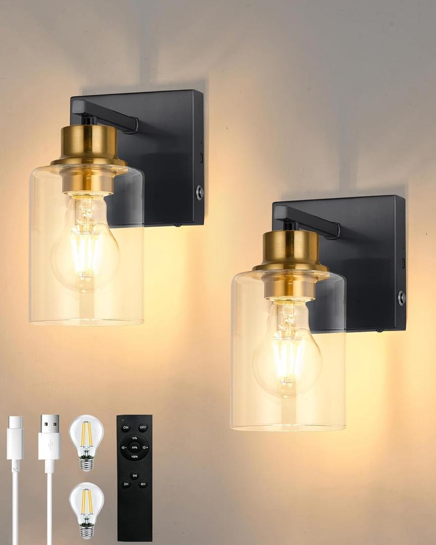 Battery Operated Wall Sconce Set of 2, Black & Gold Rechargeable Wall Lights with Timer Function, Easy Install Dimmable Wireless Wall Lamps for Living Room, Bedroom, Hallway, Entryway Decor 3000K