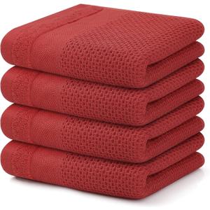Homaxy 100% Cotton Waffle Weave Kitchen Towels, 13 x 28 Inches Super Absorbent and Machine Washable Dish Towels for Drying Dishes, 4-Packs, Red