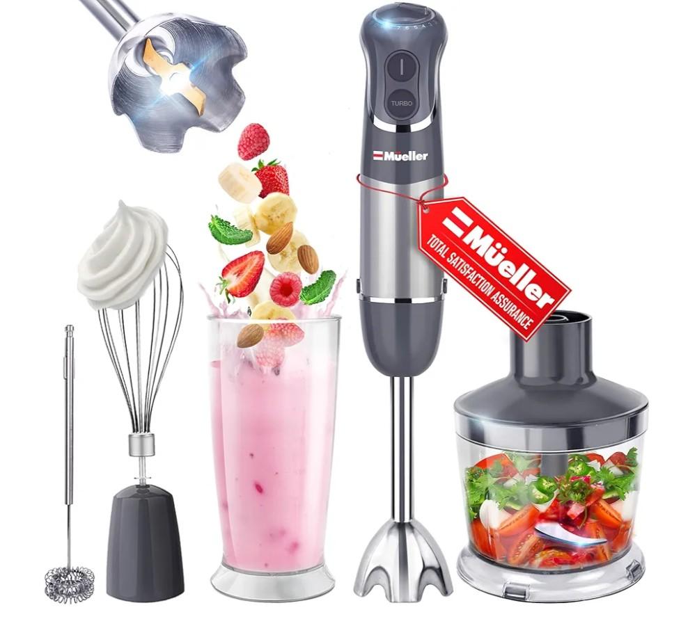 Mueller Multistick 5-in-1 Immersion Blender Handheld,12 Speed Hand Mixer-Turbo Boost,Heaviest Duty Copper Motor,Titanium reinforced Blades Hand Blender,Milk Frother Wand,Whisk,Beaker,Chopper,Grey