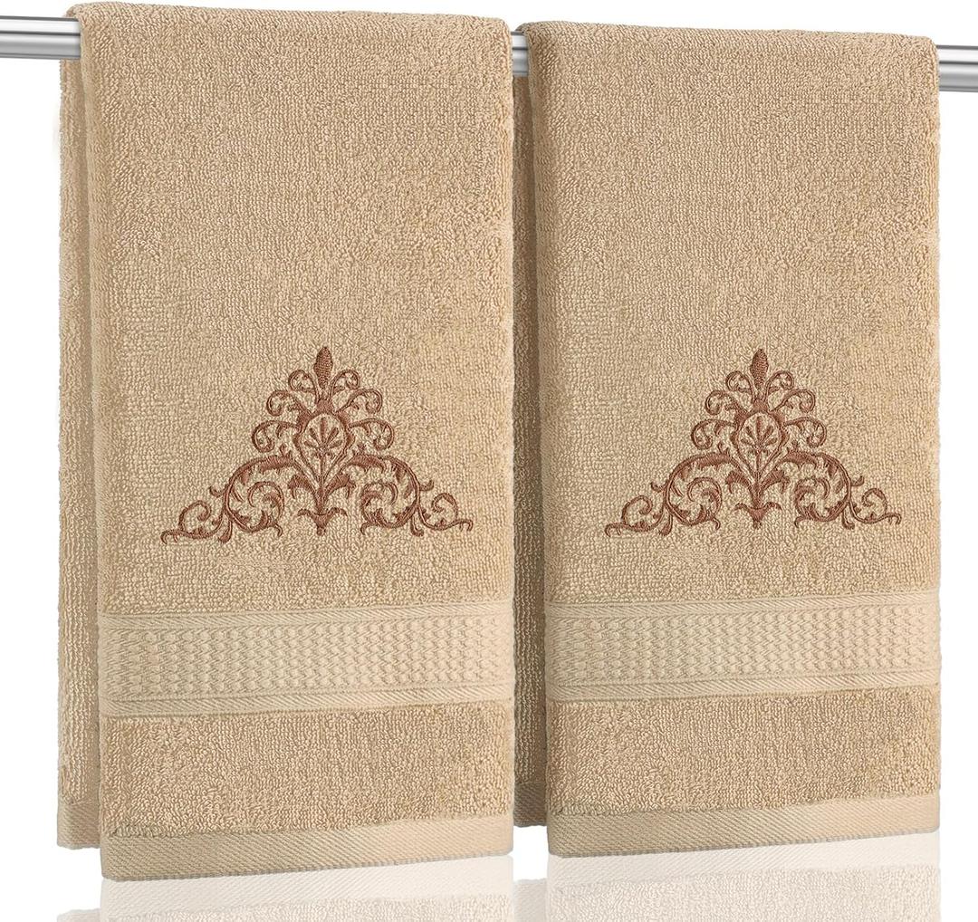 2 Pcs Damascus Hand Towels Brown Farmhouse Bathroom Decor 14x29 Inch Embroidered 100% Cotton Soft Absorbent Spring Summer Decorative Hand Towels for Bathroom Kitchen