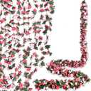 8 Pcs 66 Ft Flower Garland Rose Vines,Rose Floral Vines with Green Leaves and 45 Head Flowers,Hanging Rose Garland,Fake Rose Vine,Floral Garland Decor for Home Wedding Party Garden (Red-Pink)