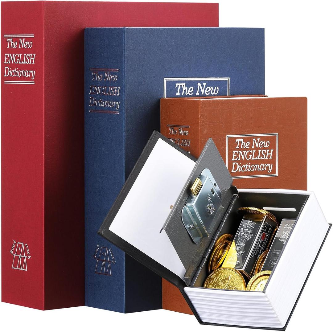 Weysat 4 Packs Diversion Book Safe with Key Lock Secret Metal Safe Box Portable Hidden Lock Box Fake Book Concealment Furniture Multiple Size for Money Jewelry