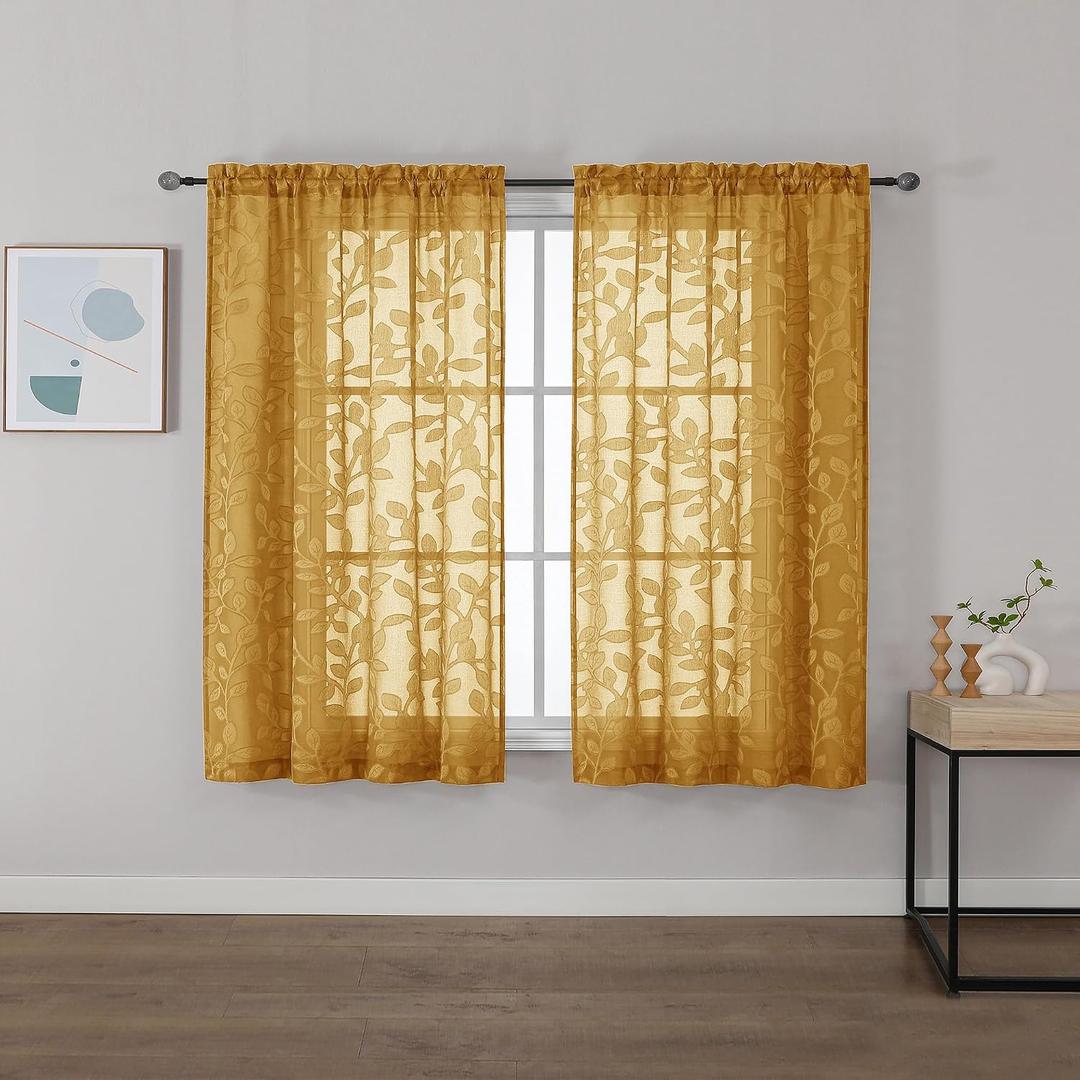 OVZME Gold Sheer Curtains 42 X 45 Inch Length 2 Panels, Semi Sheer Drapes Light Filtering Textured Window Curtains, Jacquard Clip Leaf Pattern for Small Window Tiers