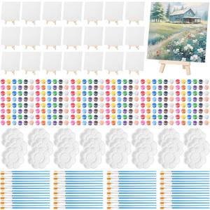 Qilery 24 Set 8 x 8 Inch Canvas Boards and Easel for Painting, Acrylic Paint Strips, Palettes, Brushes, Canvases Painting Kits for Kids Adults Artists Beginners Oil Acrylic Painting Party Favors