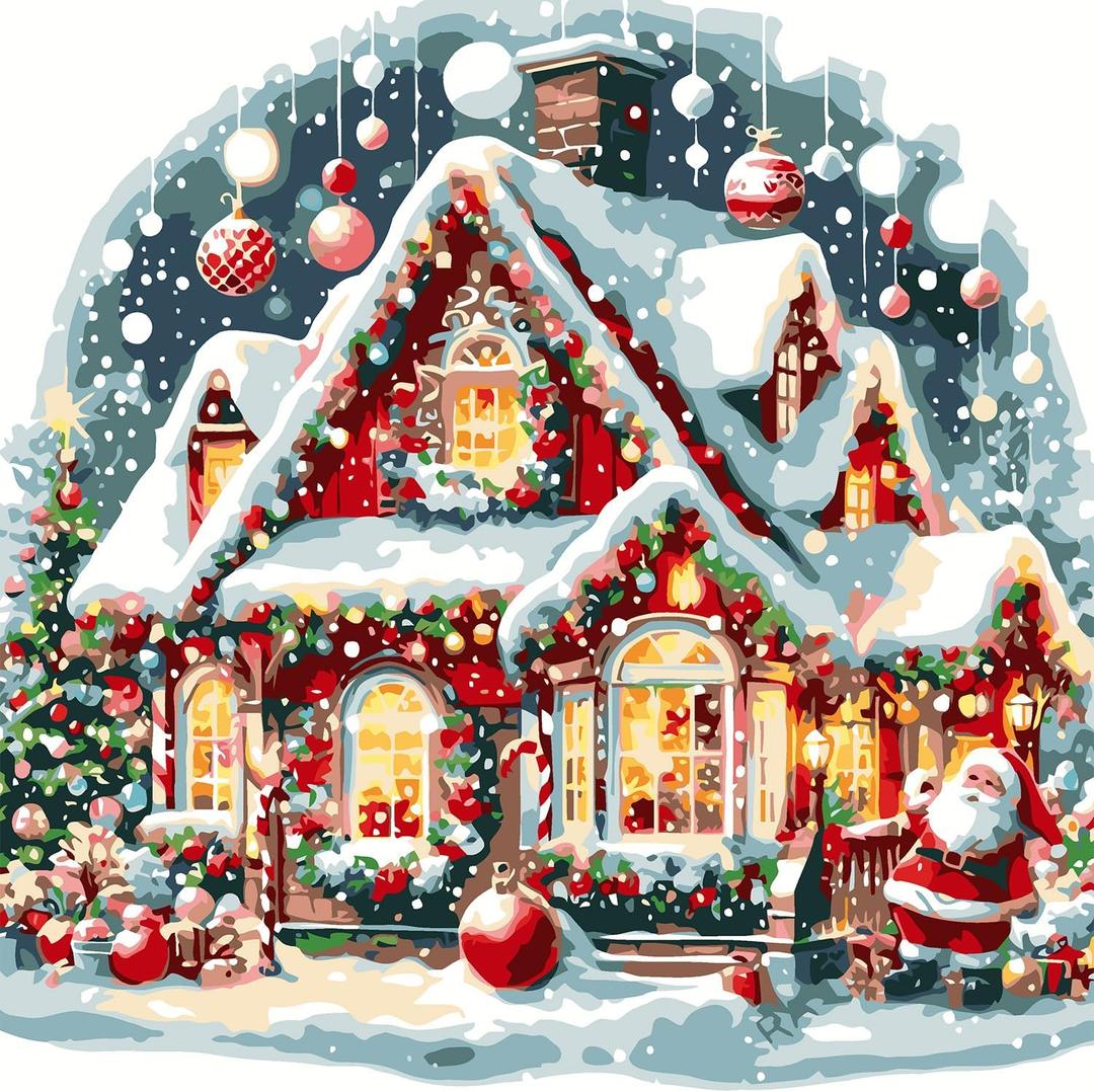 AREOPNMG Christmas House Paint by Numbers Kit for Adults Beginner DIY Winter Iandscaping Painting by Numbers Kits,with 3 Brushes and Acrylic Paint(Without Frame), Home Wall Decor 16 x 16 in