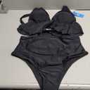 CUPSHE Women's Bikini Sets Plus Size Two Piece Swimsuit Ruffled Shirred High Waisted Swimwear 0X/L Solid Black