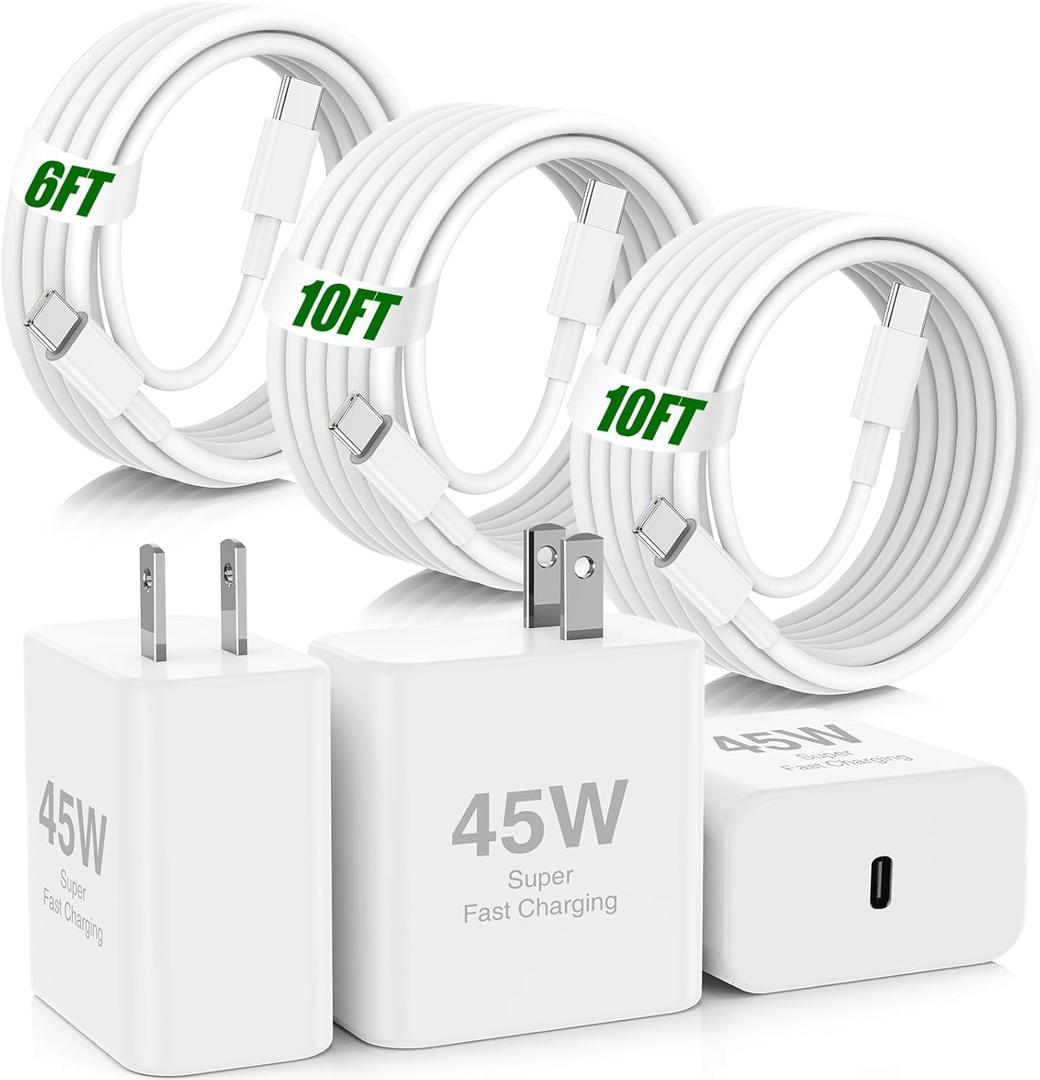 45W iPhone 17 16 Pro Max Charger Fast Charging,3Pack USB C Fast Charger Block with Long 10/10/6FT C to C Cable for Apple 17 Pro Max/16 Pro/15/iPad 13th,PD Quick Adapter 3.2 for iPhone 17 16 (White)