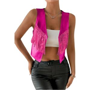 MakeMeChic Women's Sequin Fringe Vest Sleeveless Metallic Y2K Crop Cowgirl Western Jacket (Hot Pink), Small