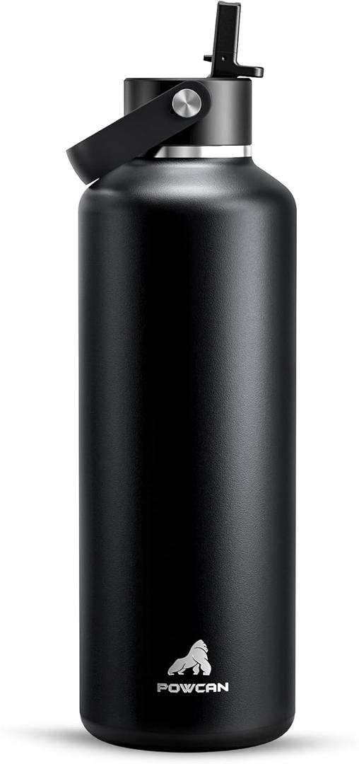 POWCAN 32 oz Insulated Water Bottle with Straw: Leakproof, Top Handle, Keep Cold 24H, BPA-Free, Double Wall Stainless Steel Water Bottle for Travel, Sport, Gym, Outdoors, Camping (Midnight Black)
