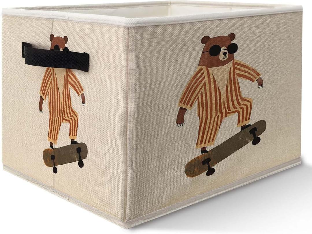 Bear Nursery Storage Bins Basket, Toybox for Boys Room, Trendy Retro Skateboarding Bear Collapsible Fabric Storage Box Organizer for Bedroom Bathroom Clothes Books Toys (SNL026)