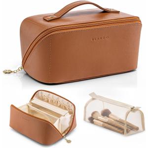 VLANDO Makeup Bag,Travel Toiletry Bag,Cosmetic Bag for Women PU Leather Portable Make up Bag for Skincare, Brushes & Travel Essentials-Brown