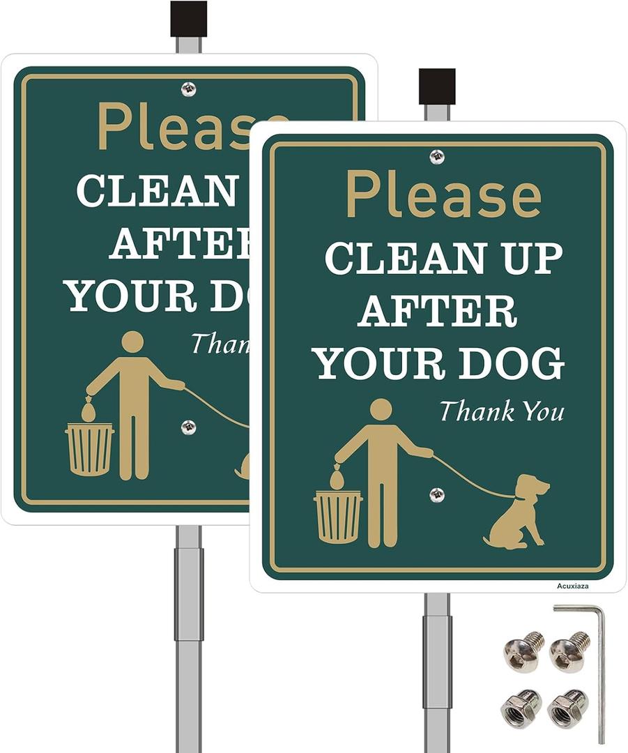 2 Pack 10 x 12" Clean Up After Your Dog Signs with Metal Stakes, Reflective Aluminum Please Pick Up After Your Dog Sign for Yard, No Pooping Dogs Signage, Rust Free UV Protection Weatherproof