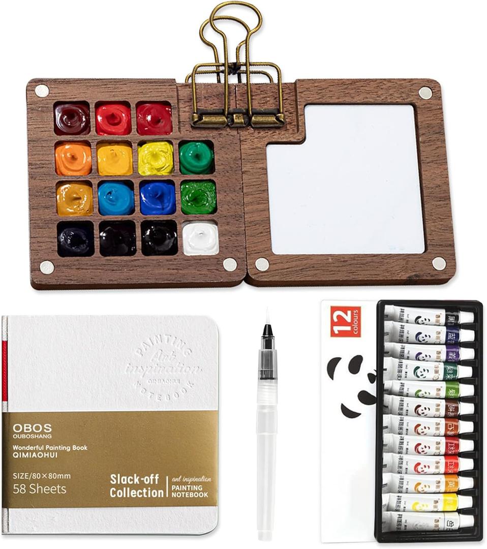 Mini Watercolor Paint Set Pocket Artist Watercolor Travel Set with Mini Paint Palette,Brushes, 12 Colors, Watercolor Sketchbook for Artists Painters Students(Wood) (15 Grids)