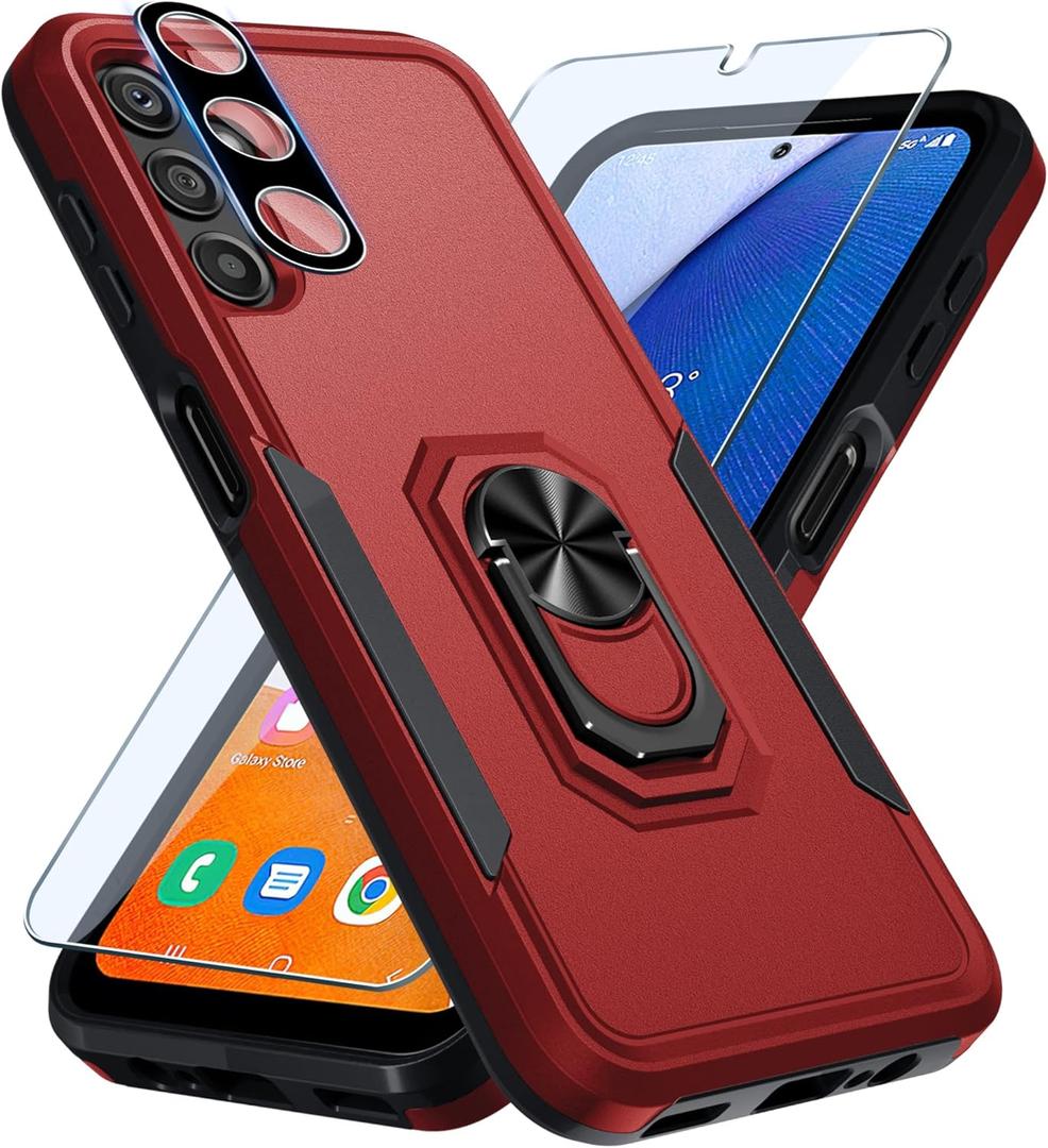 Janmitta Compatible with Samsung Galaxy A14 5G Case with Screen Protector+Camera Lens Protector,Heavy Duty Full Body Phone Cover Built in Ring Holder Kickstand,2023 Red